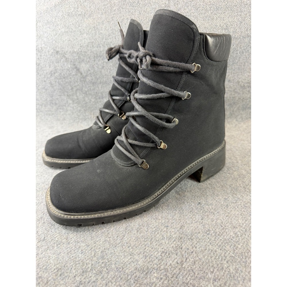 Stuart Weitzman Combat Boots Women 8 Black Textile Lace Up Square Toe Lug‎ Sole